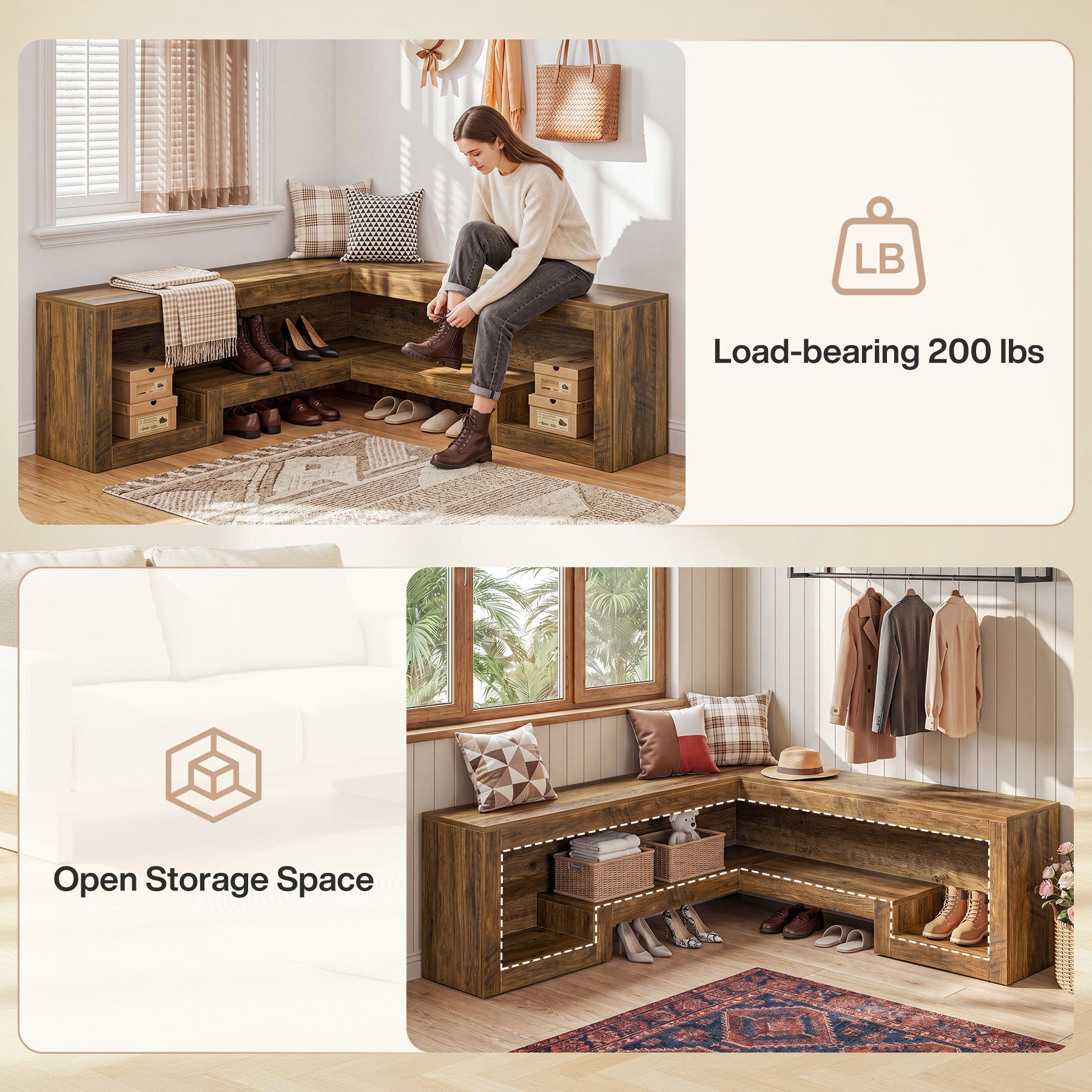 55“ L-Shaped Corner Bench, wooden Breakfast Nook Bench With Storage For Entryway