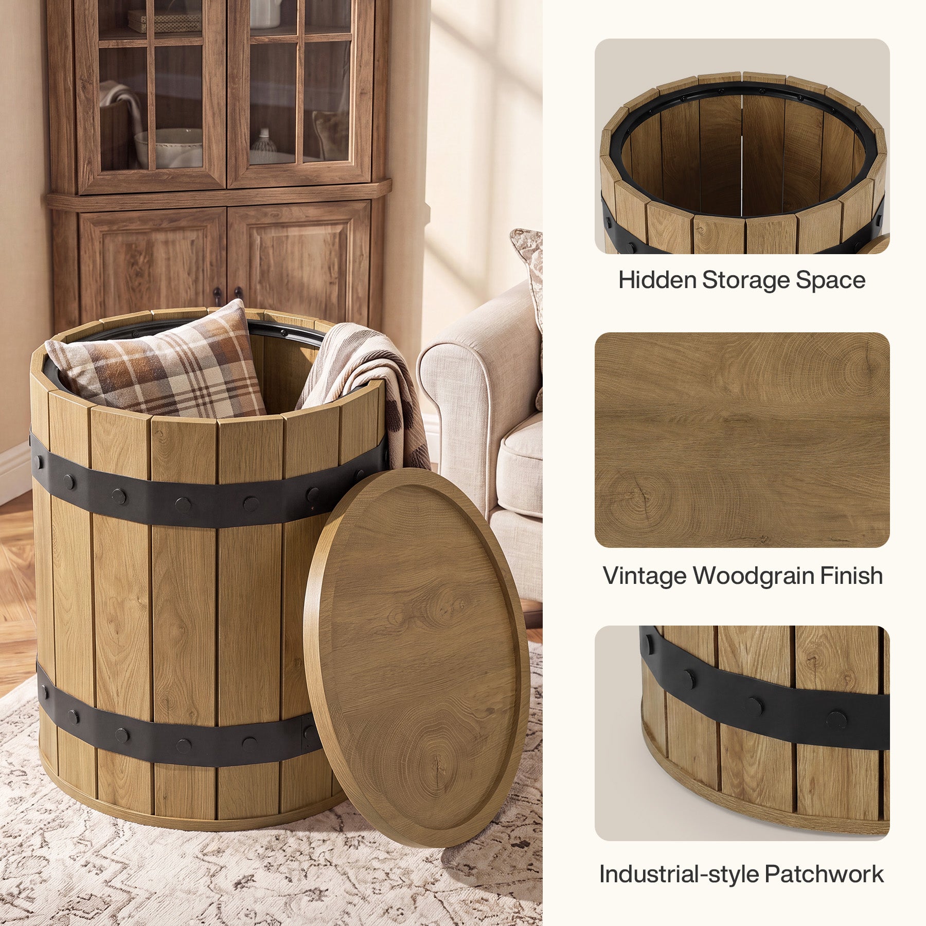 19.68" Barrel Side Table with Hidden Storage, Round Wood End Table with Lid for Living Room and Bedroom