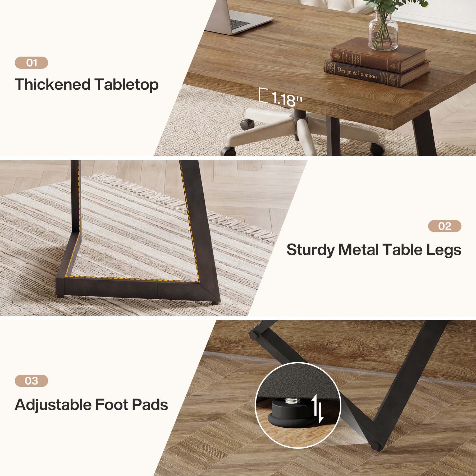 62" Industrial Office Desk, Modern Executive Computer Desk with Sturdy V-Shaped Metal Legs for Home Office