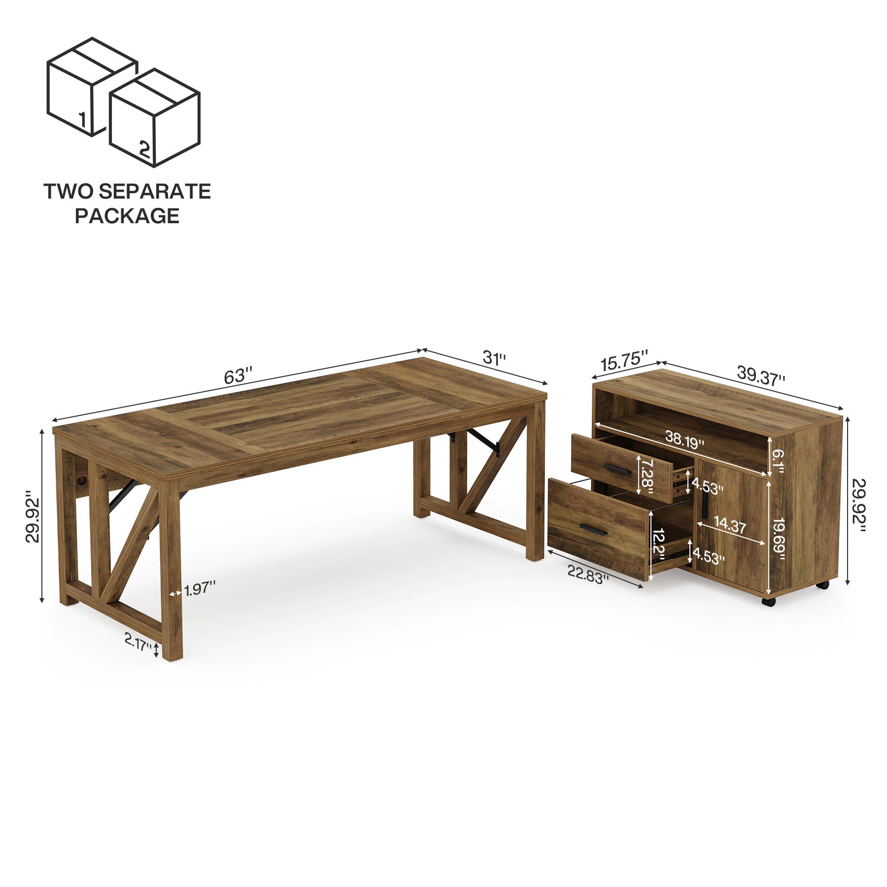 L-Shaped Executive Desk, 63" Computer Desk with Drawer Cabinet