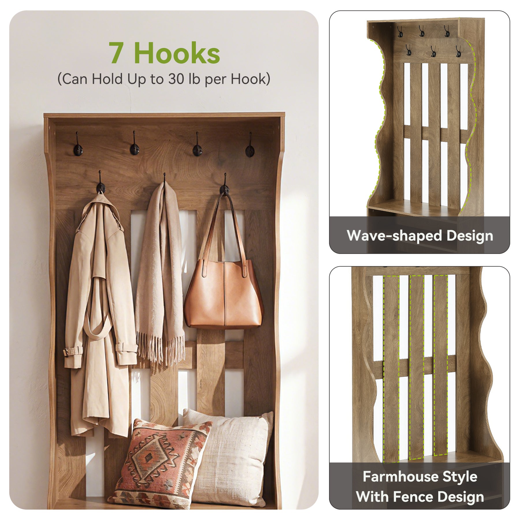 3-in-1 Hall Tree with Shoe Bench & Storage, 70.9" Farmhouse Entryway Organization with 7 Hooks