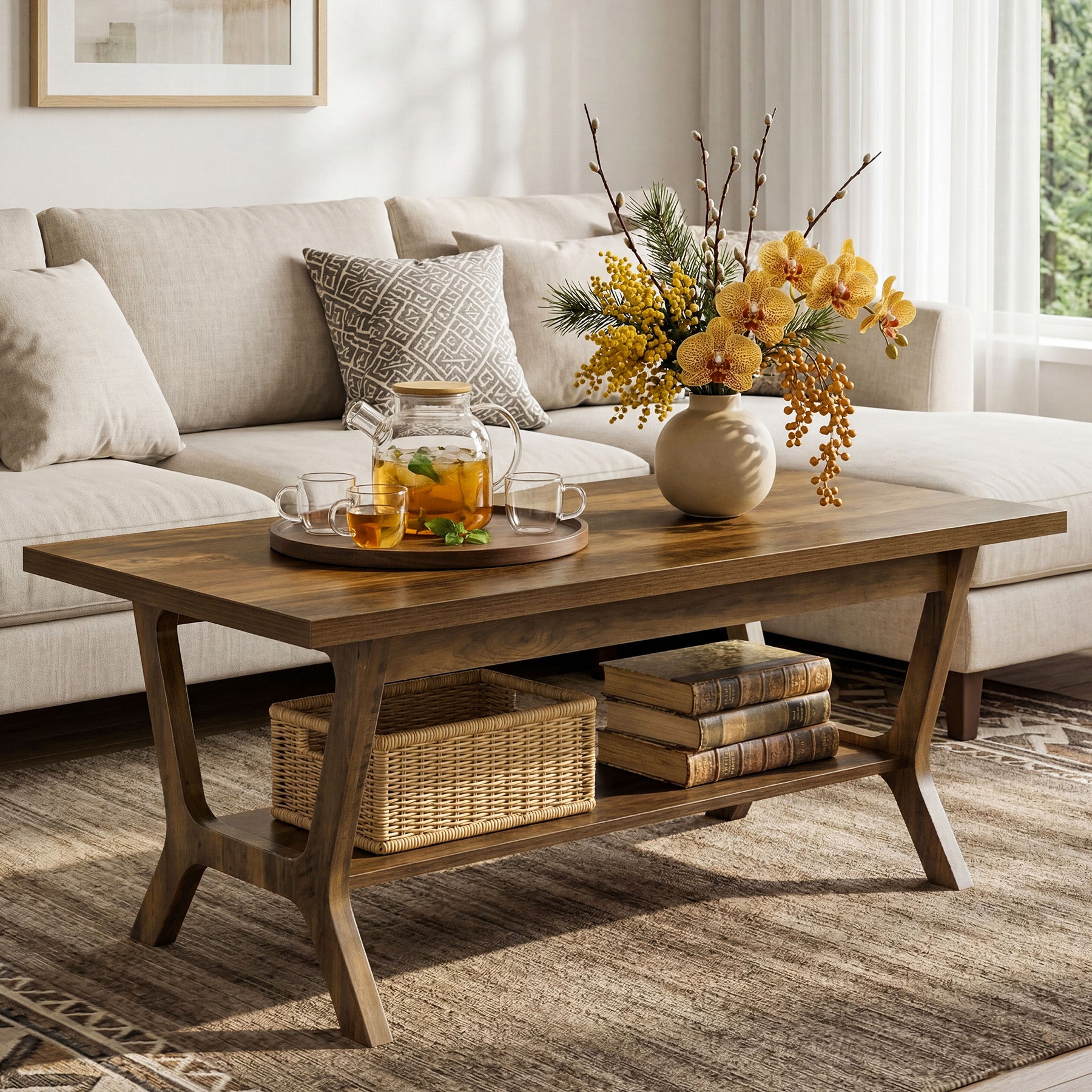 47.24" Farmhouse Coffee Table with Storage and H-Shaped Legs