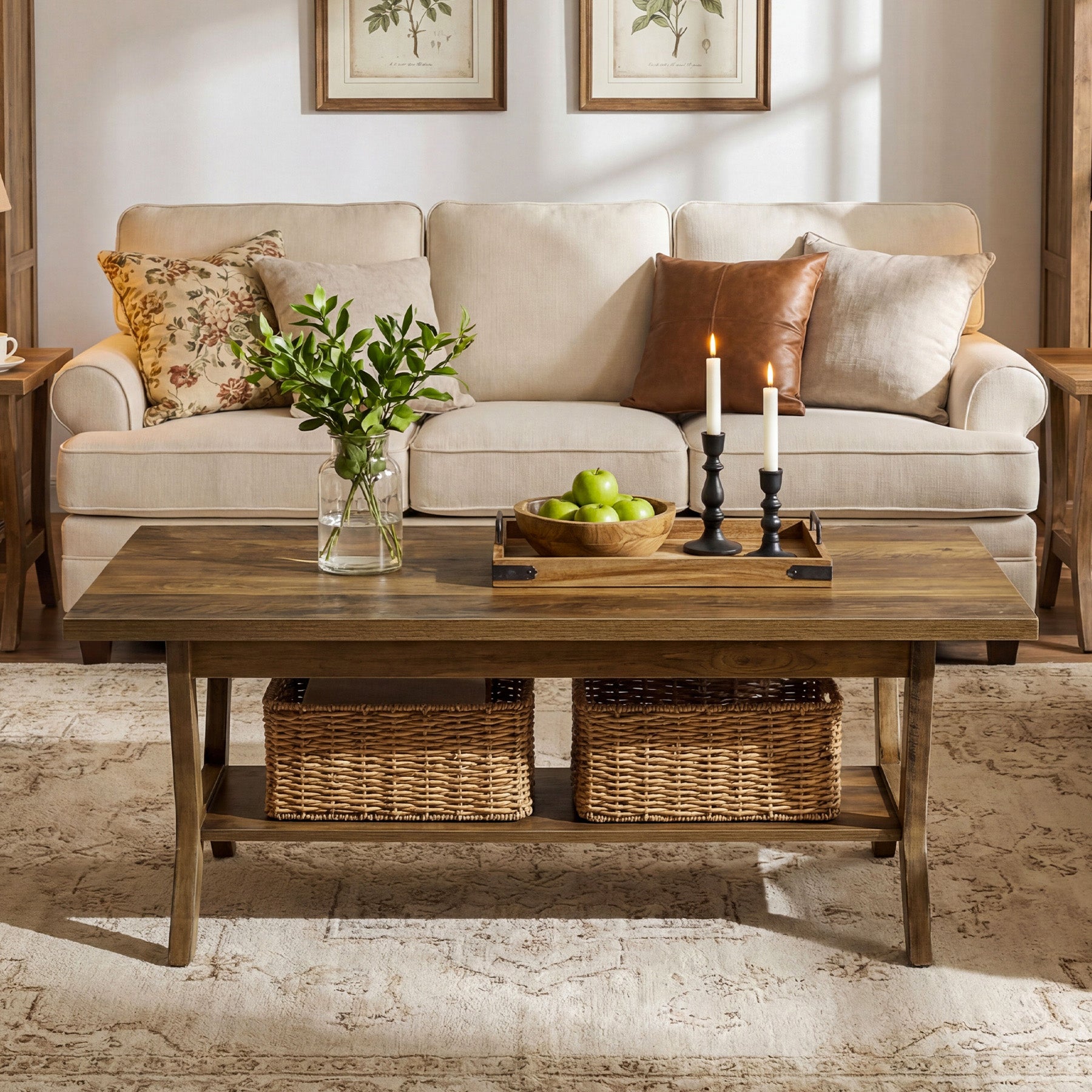 47.24" Farmhouse Coffee Table with Storage and H-Shaped Legs
