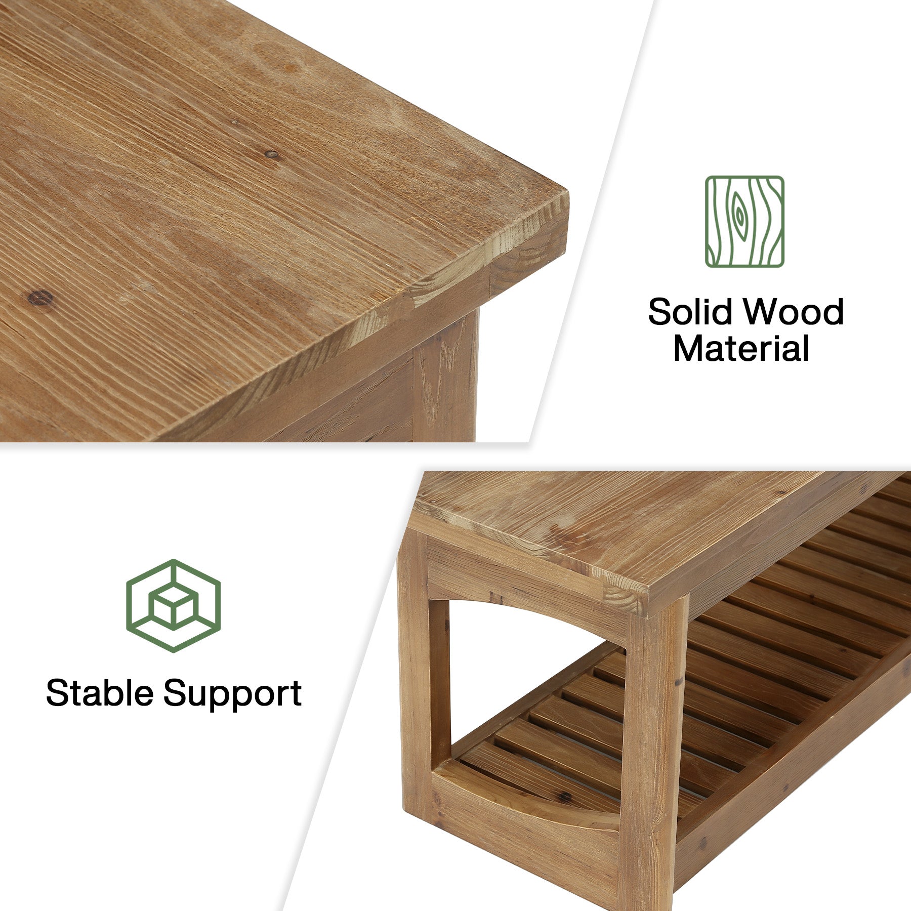 63" Solid Wood Dining Bench, 2-Tier Entryway Bench with Storage for Dining Room
