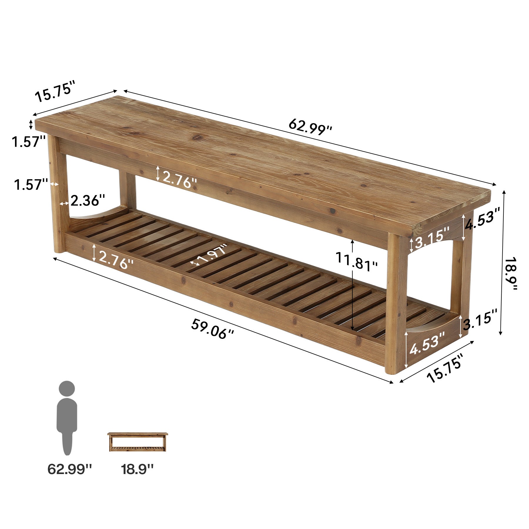63" Solid Wood Dining Bench, 2-Tier Entryway Bench with Storage for Dining Room