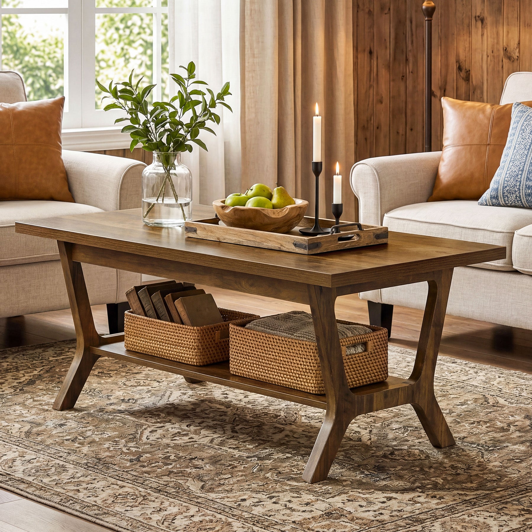 47.24" Farmhouse Coffee Table with Storage and H-Shaped Legs