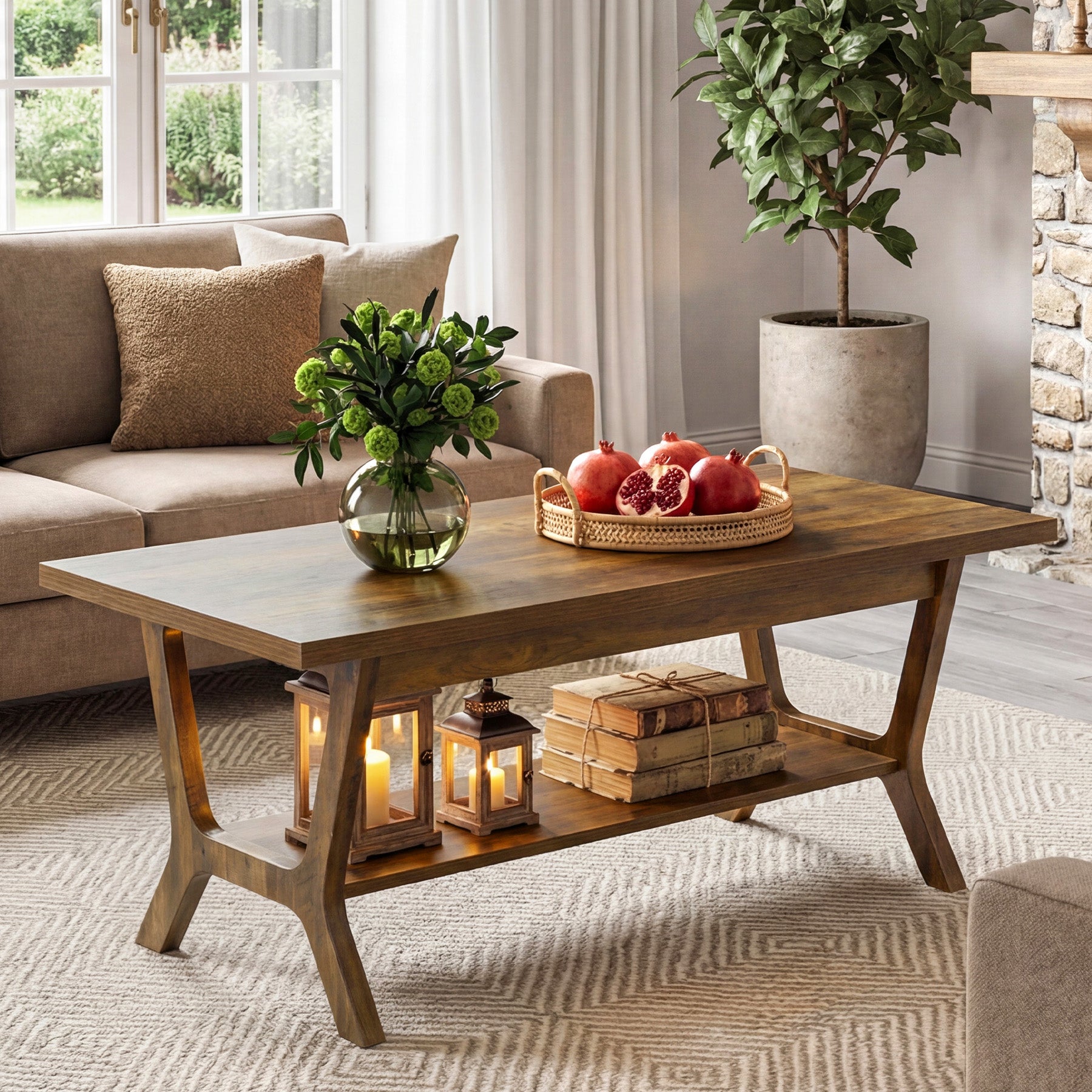 47.24" Farmhouse Coffee Table with Storage and H-Shaped Legs