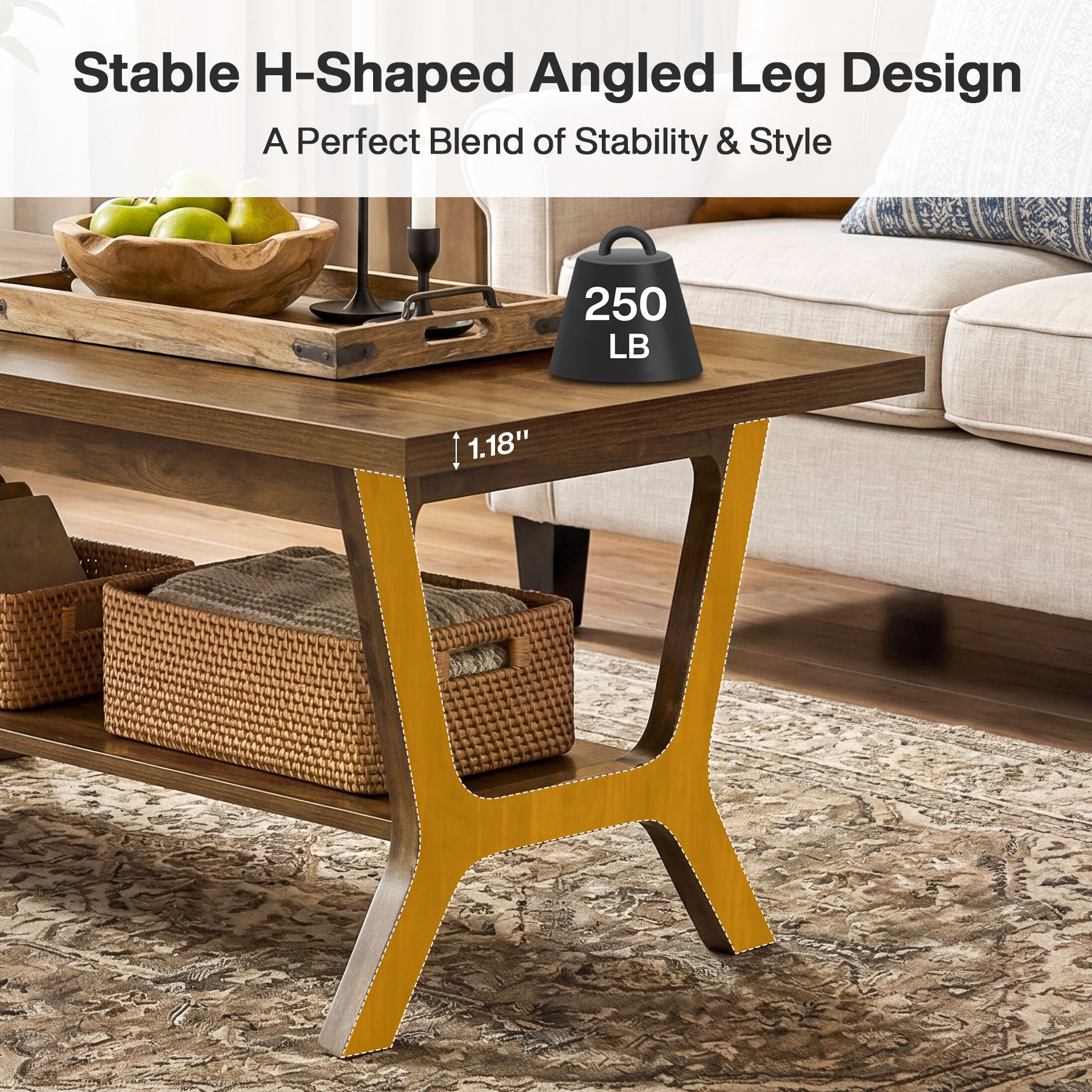 47.24" Farmhouse Coffee Table with Storage and H-Shaped Legs