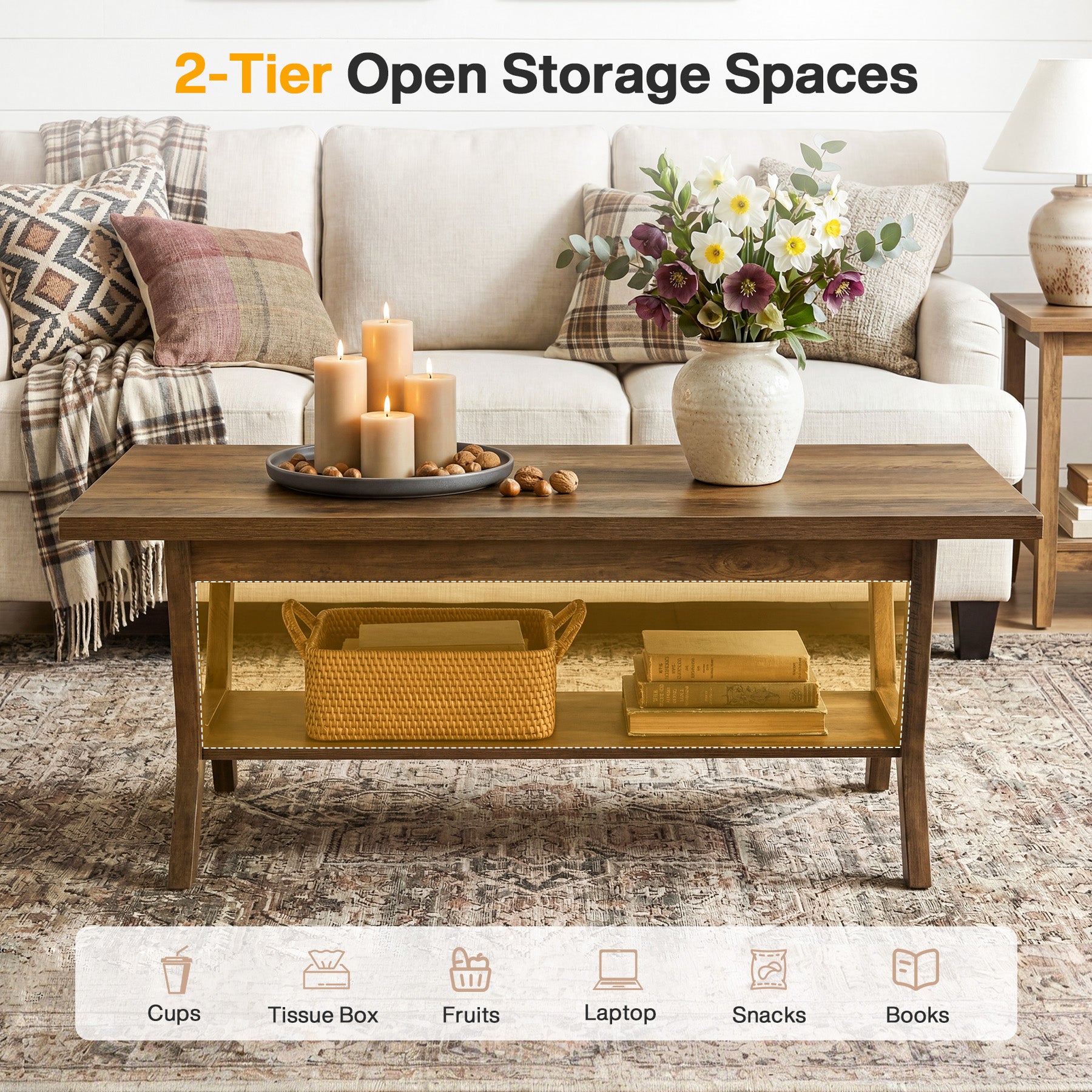47.24" Farmhouse Coffee Table with Storage and H-Shaped Legs