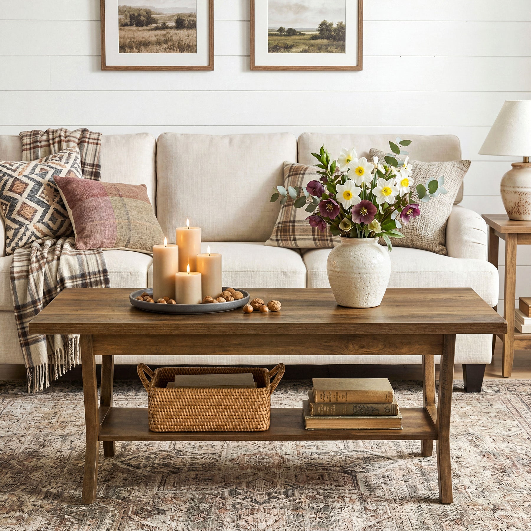 47.24" Farmhouse Coffee Table with Storage and H-Shaped Legs
