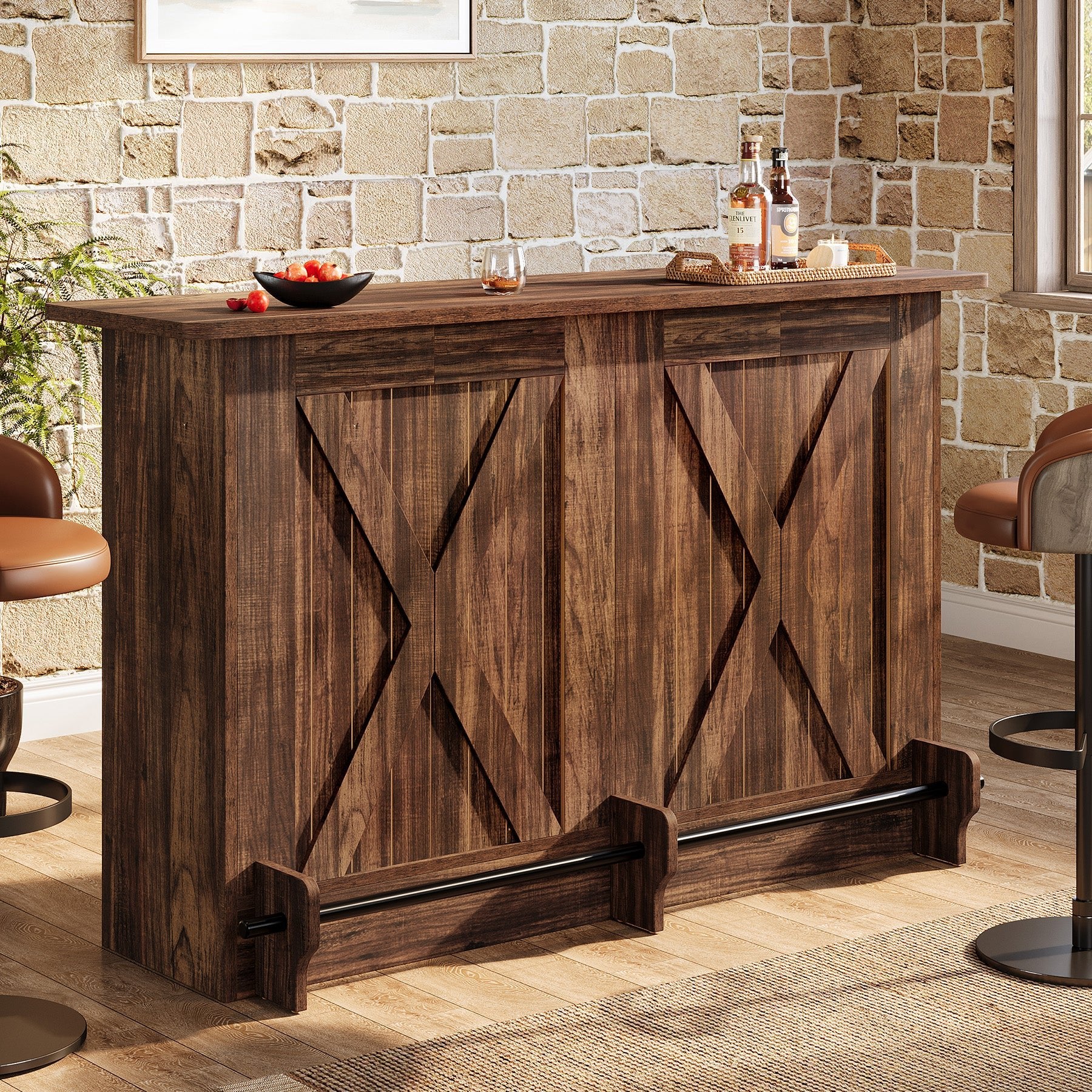 63" Home Bar Unit, 2-Tier Bar Table Coffee Cabinet with Footrest