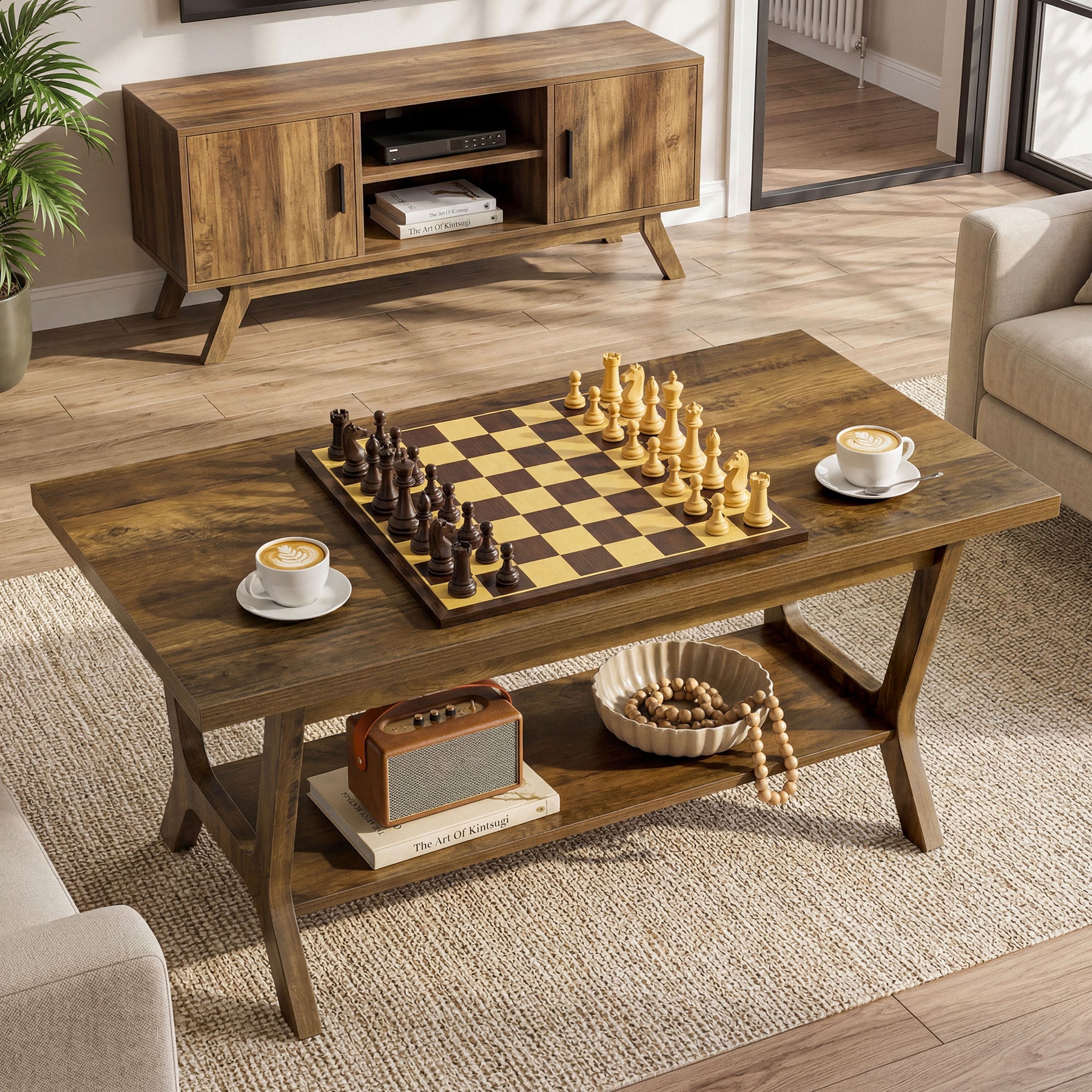 47.24" Farmhouse Coffee Table with Storage and H-Shaped Legs