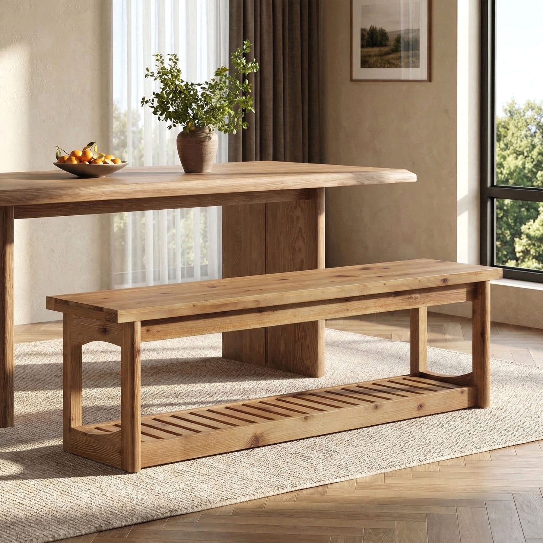 63" Solid Wood Dining Bench, 2-Tier Entryway Bench with Storage for Dining Room