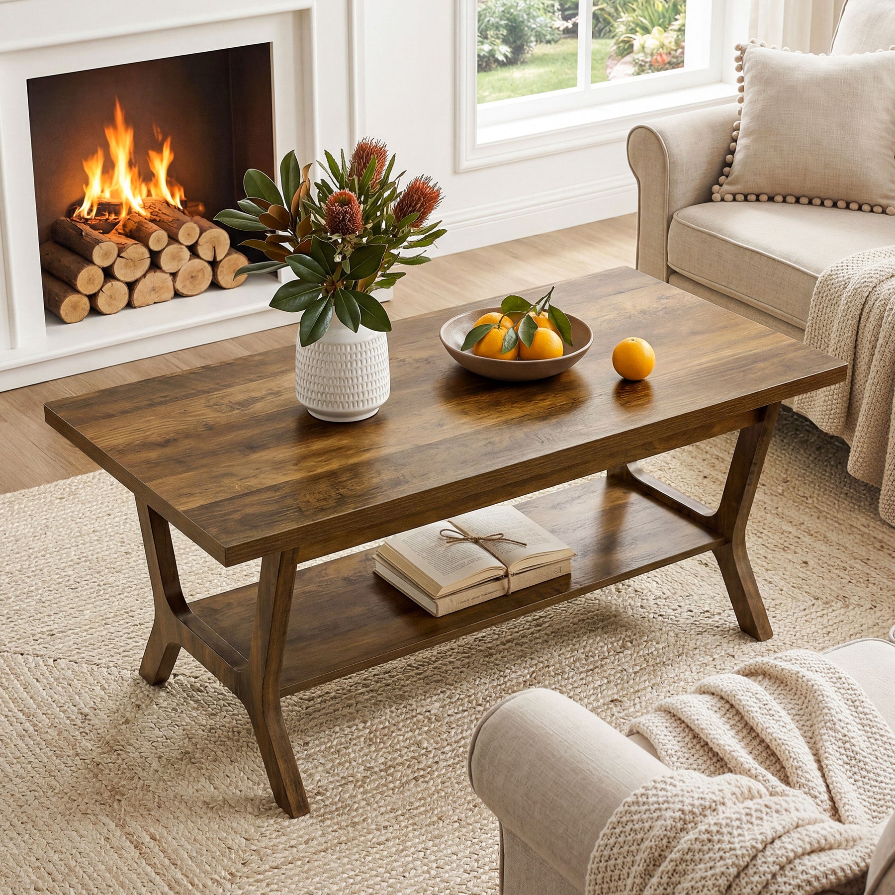 47.24" Farmhouse Coffee Table with Storage and H-Shaped Legs