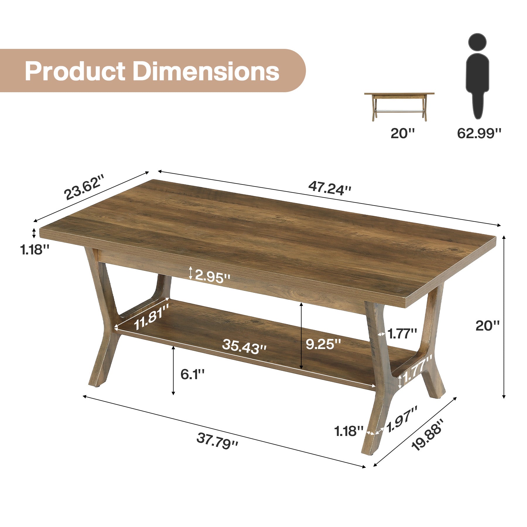 47.24" Farmhouse Coffee Table with Storage and H-Shaped Legs