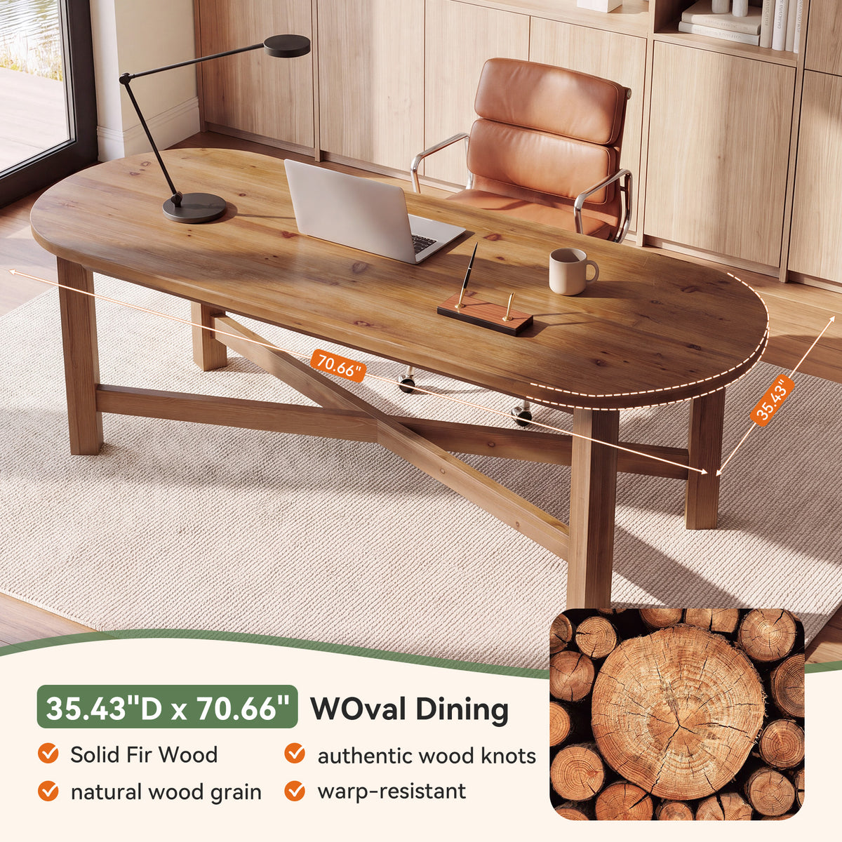 70.7" Solid Wood Computer Desk, Farmhouse 2-Person Desk with Oval Tabletop for Home Office