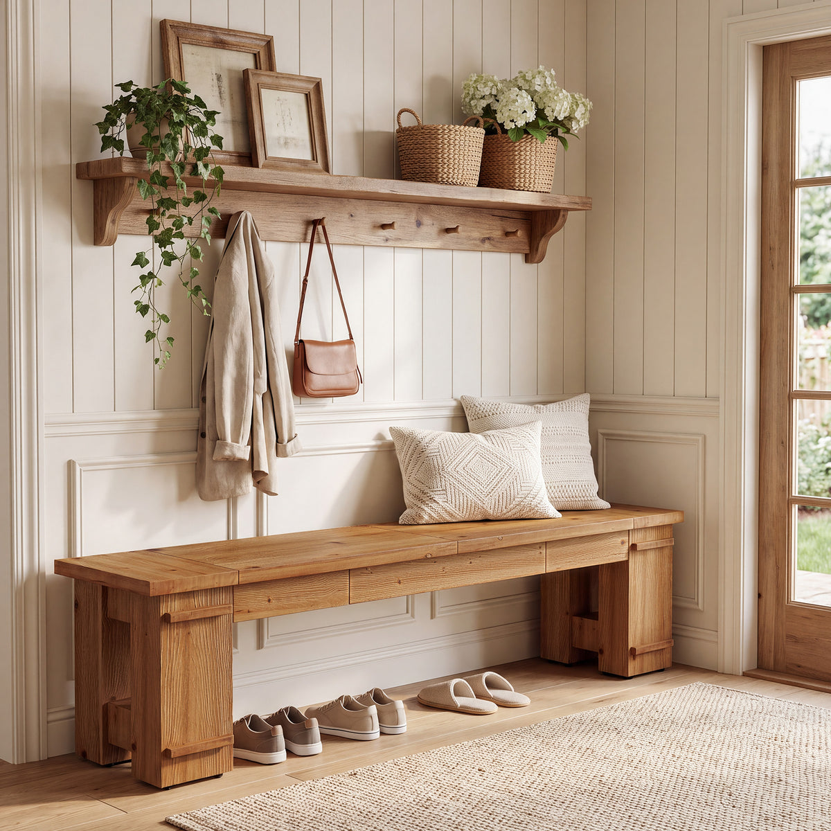 70.9" Solid Wood Entryway Bench, Farmhouse Shoe Bench with Double-Base Support for 2-3