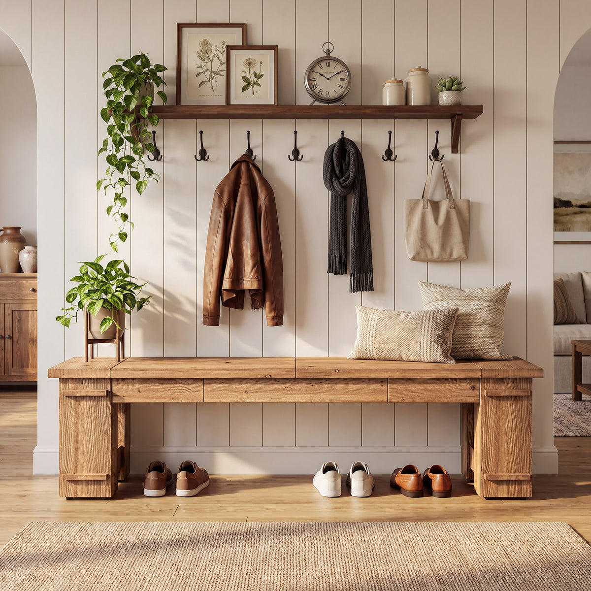 70.9" Solid Wood Entryway Bench, Farmhouse Shoe Bench with Double-Base Support for 2-3