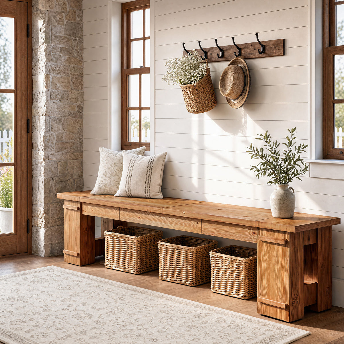 70.9" Solid Wood Entryway Bench, Farmhouse Shoe Bench with Double-Base Support for 2-3