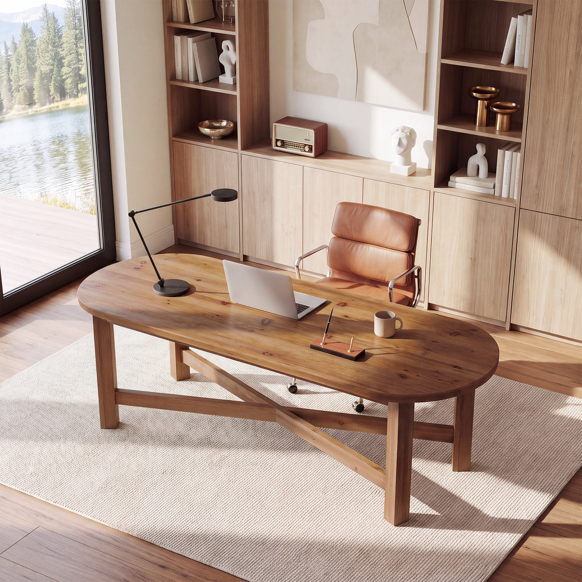 70.7" Solid Wood Computer Desk, Farmhouse 2-Person Desk with Oval Tabletop for Home Office
