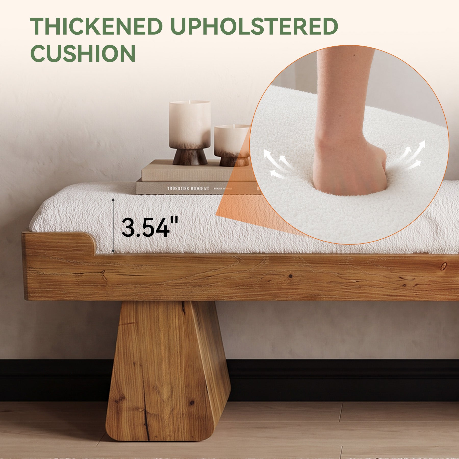 55" Upholstered Dining Bench, Solid Wood Kitchen Bench with Cushion