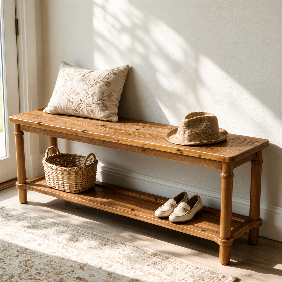 63" Solid Wood Entryway Bench, Farmhouse Shoe Storage Bench with 2-Tier Shelf for Hallway