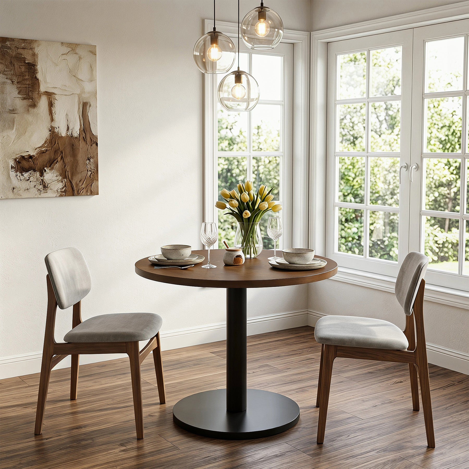 31.5-Inch Solid Wood Round Dining Table with Metal Pedestal Base, Small Kitchen Table for 2-4 People (Only Table)