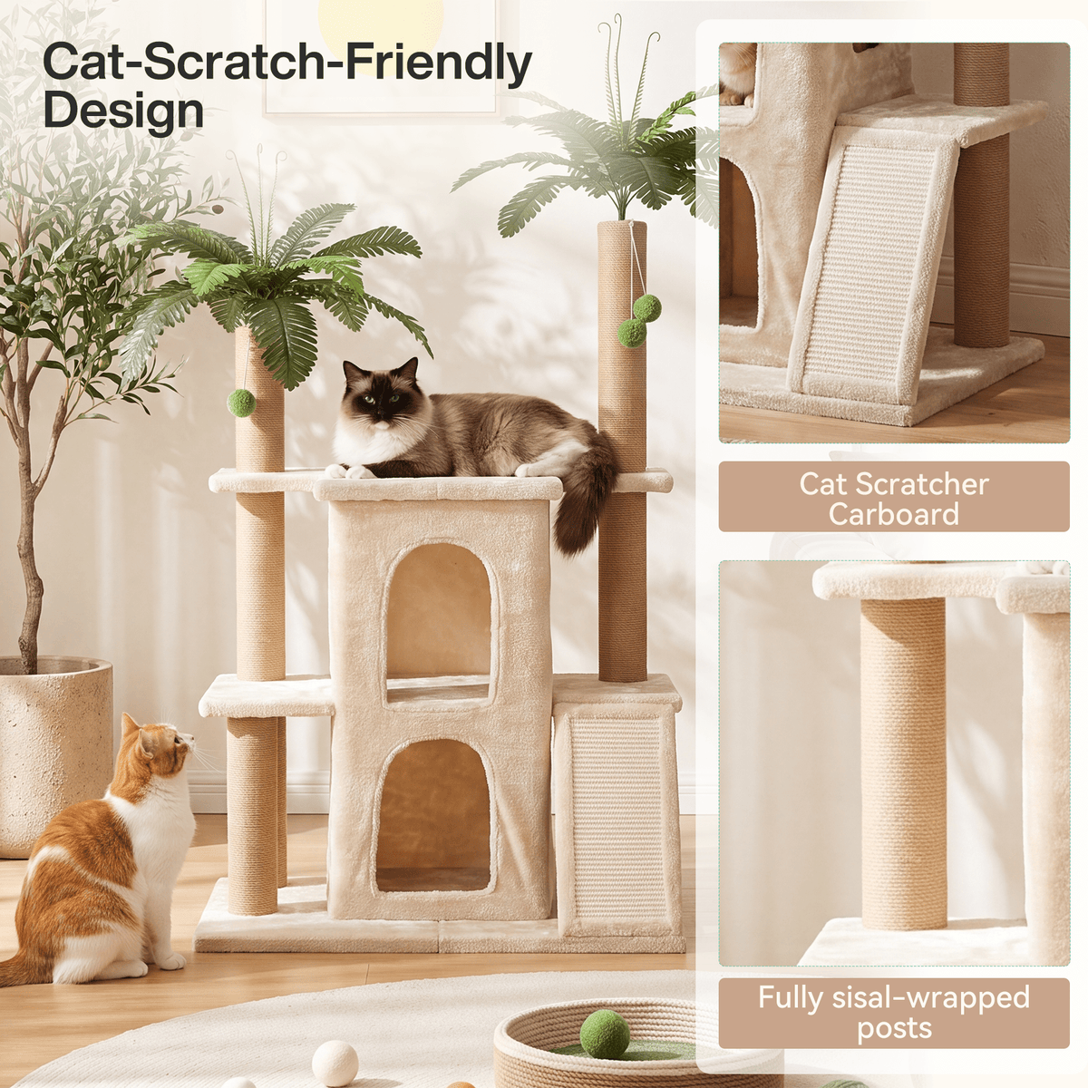61" Tropical Palm Cat Tree Tower, Large Perch Platform for Indoor Cats