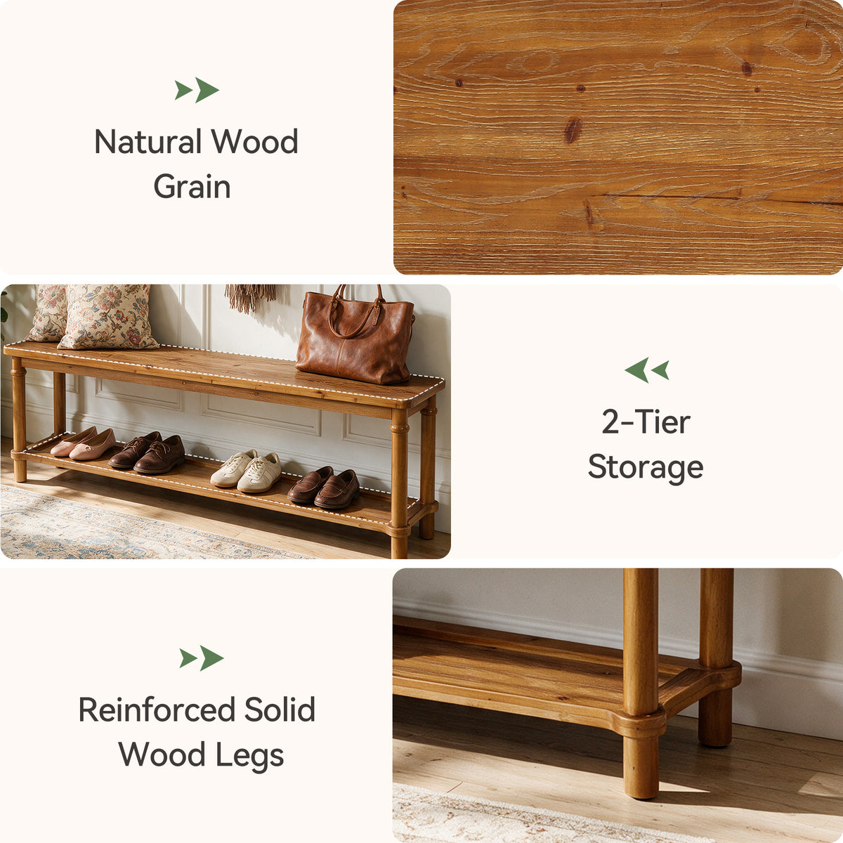63" Solid Wood Entryway Bench, Farmhouse Shoe Storage Bench with 2-Tier Shelf for Hallway