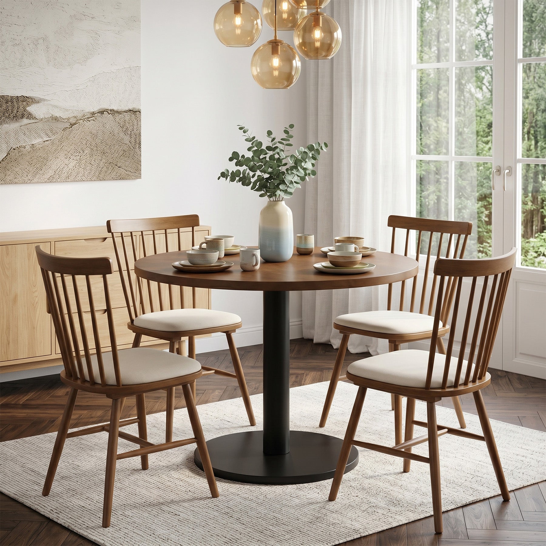 31.5-Inch Solid Wood Round Dining Table with Metal Pedestal Base, Small Kitchen Table for 2-4 People (Only Table)