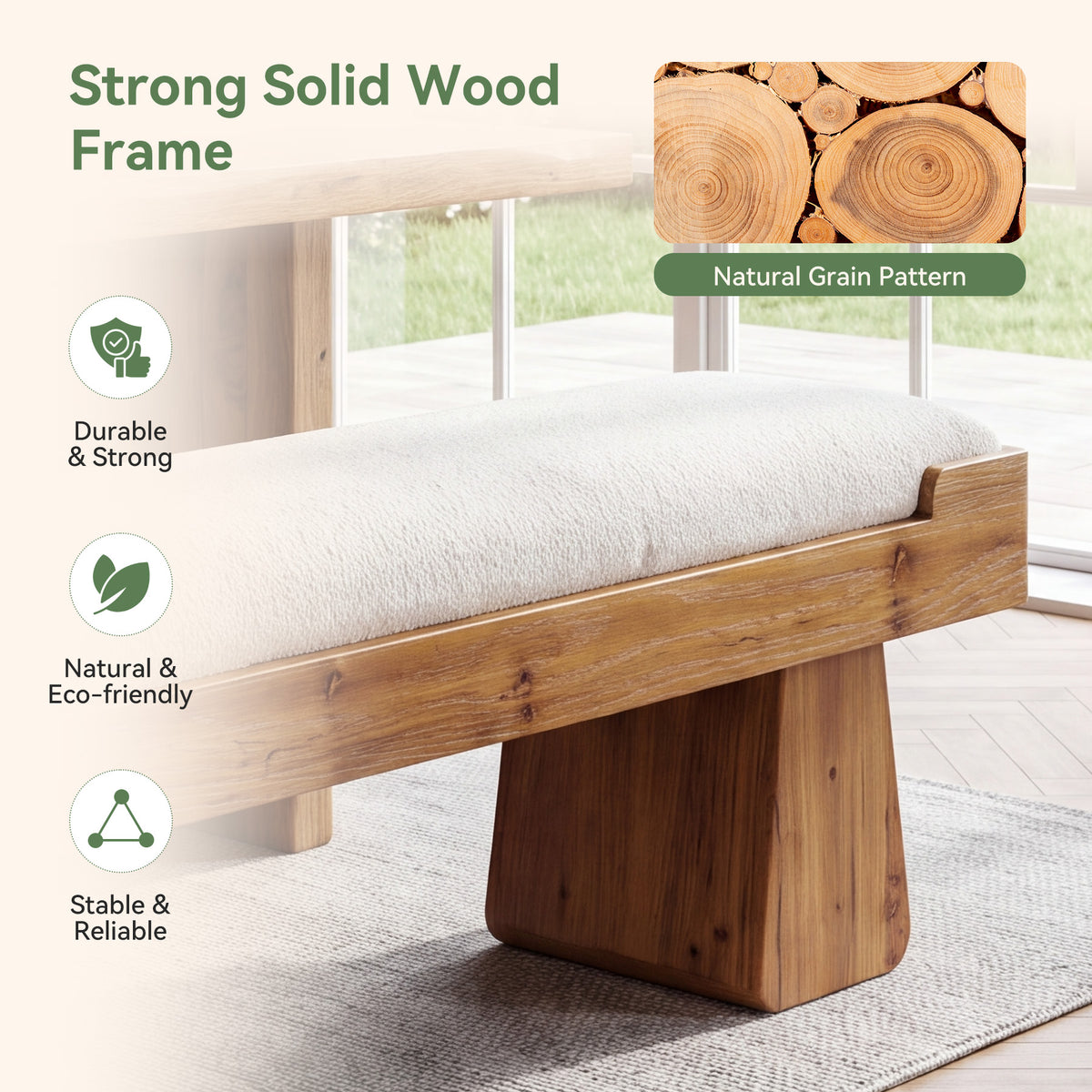55" Upholstered Dining Bench, Solid Wood Kitchen Bench with Cushion