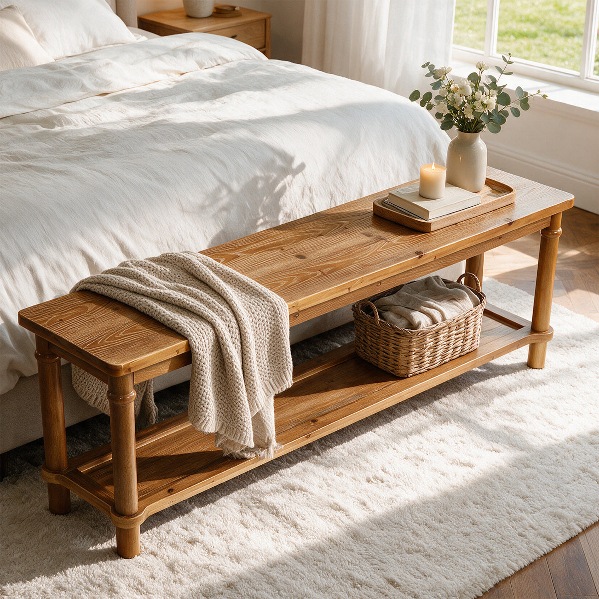 63" Solid Wood Entryway Bench, Farmhouse Shoe Storage Bench with 2-Tier Shelf for Hallway