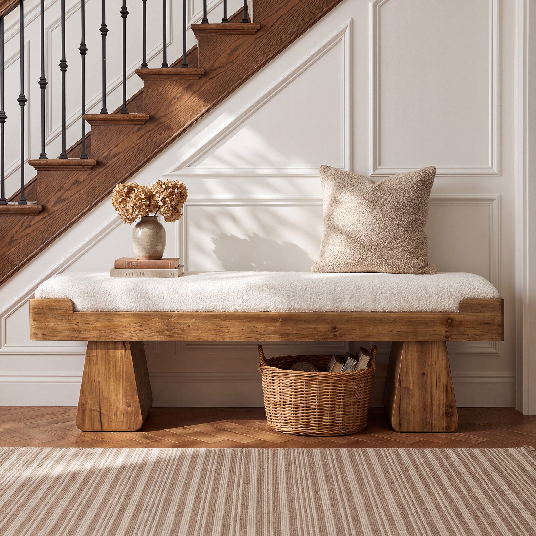 55" Upholstered Solid Wood Entryway Bench, Farmhouse Shoe Bench with Cushion for Hallway