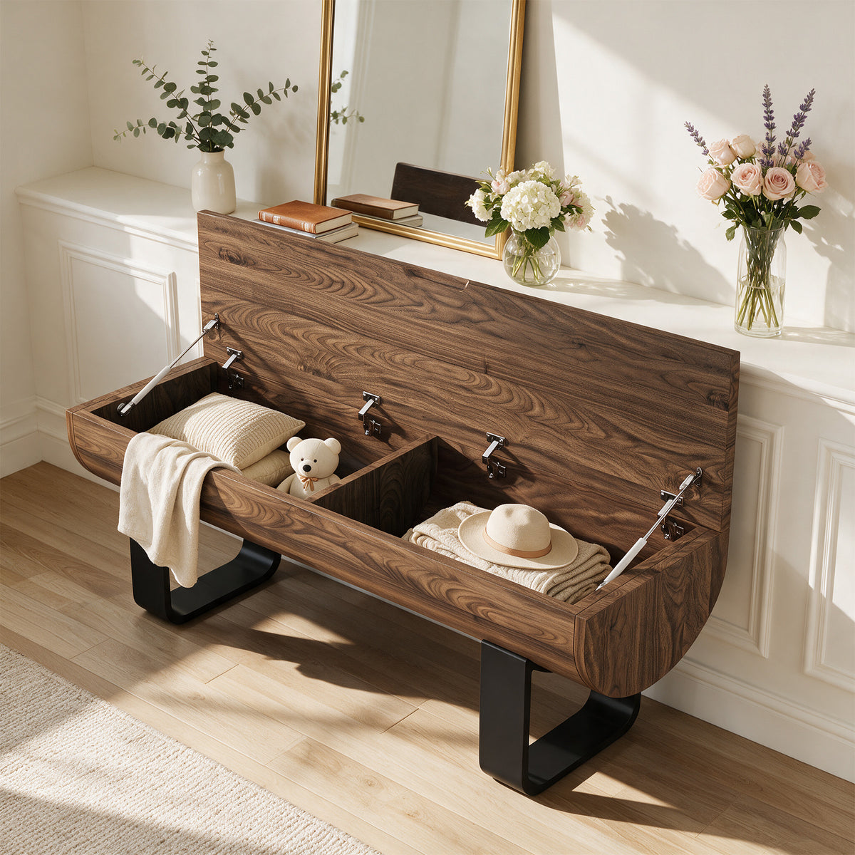 55.1" Storage Bench, Farmhouse Lift Top Entryway Shoe Bench with Metal Legs