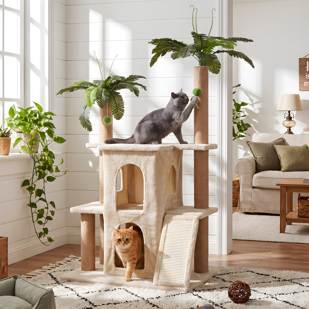 61" Tropical Palm Cat Tree Tower, Large Perch Platform for Indoor Cats