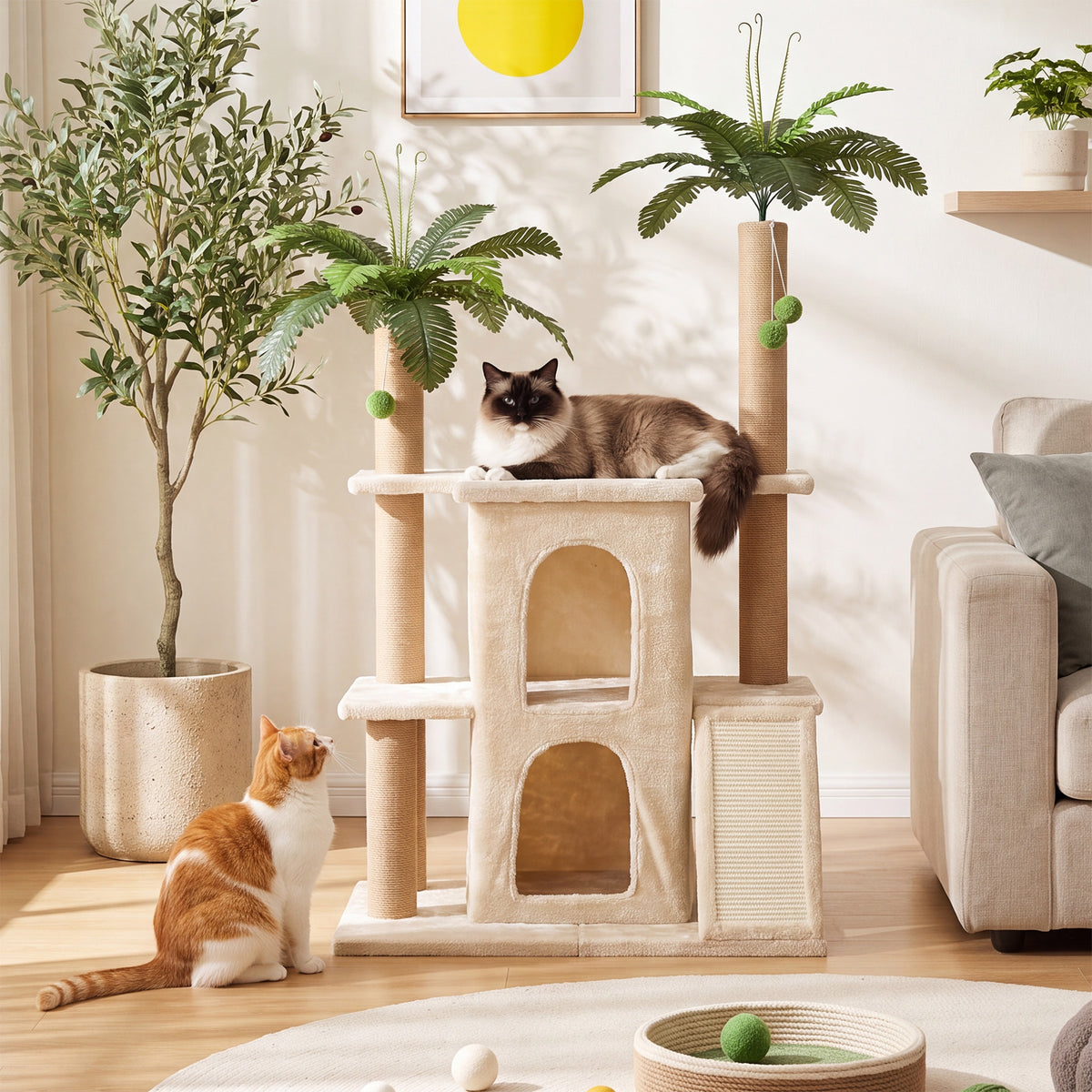 61" Tropical Palm Cat Tree Tower, Large Perch Platform for Indoor Cats