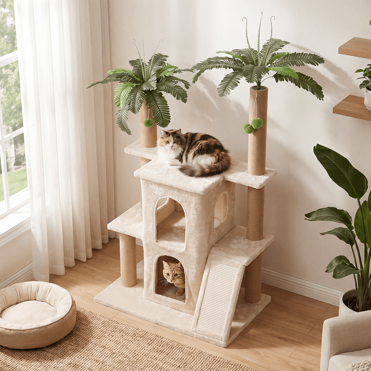 61" Tropical Palm Cat Tree Tower, Large Perch Platform for Indoor Cats