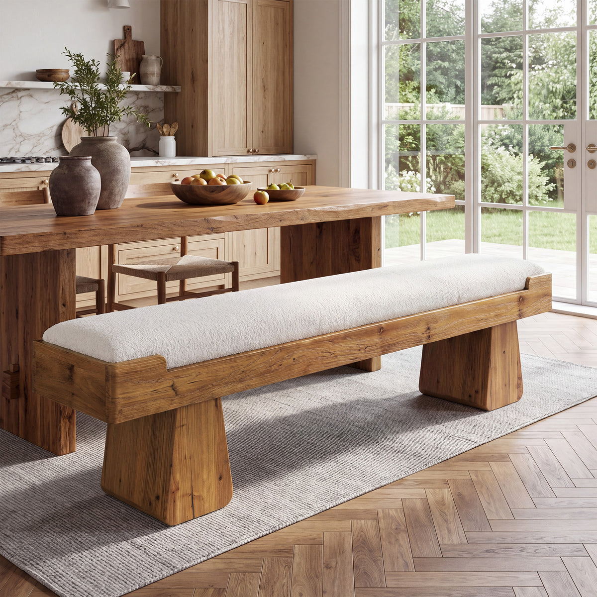 55" Upholstered Dining Bench, Solid Wood Kitchen Bench with Cushion