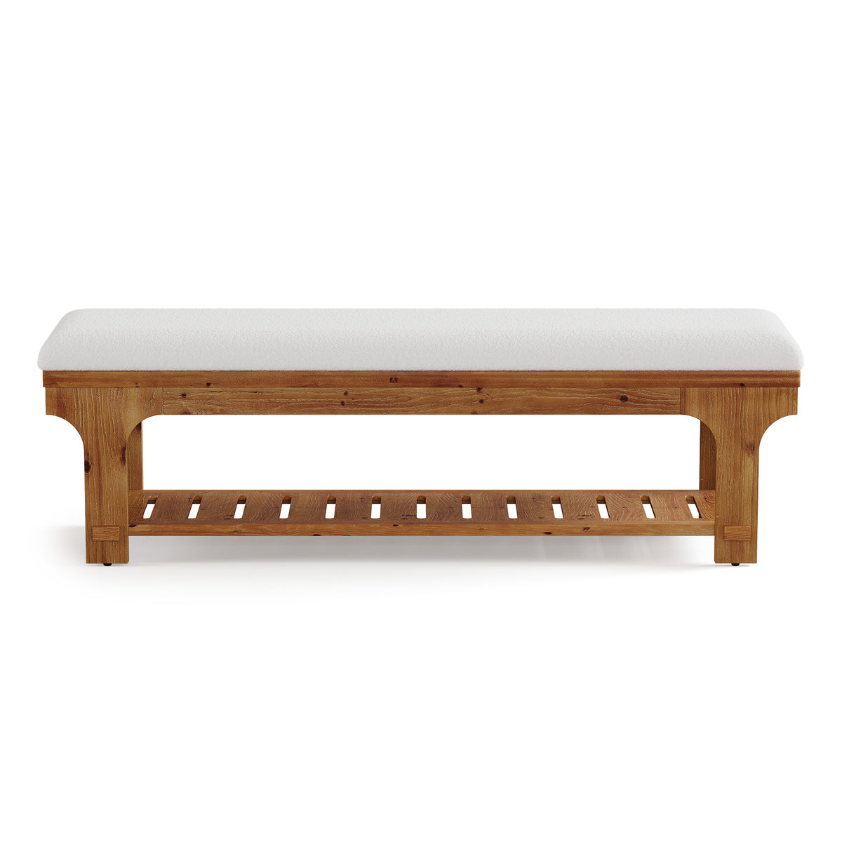 59" Entryway Bench with Boucle Cushion, Slatted Storage Shelf, Rustic Solid Wood, Hallway