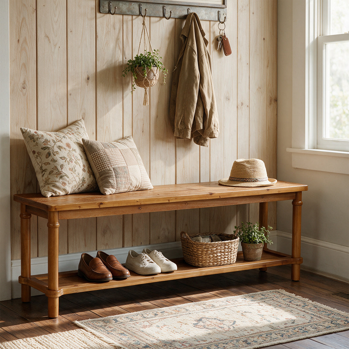 63" Solid Wood Entryway Bench, Farmhouse Shoe Storage Bench with 2-Tier Shelf for Hallway