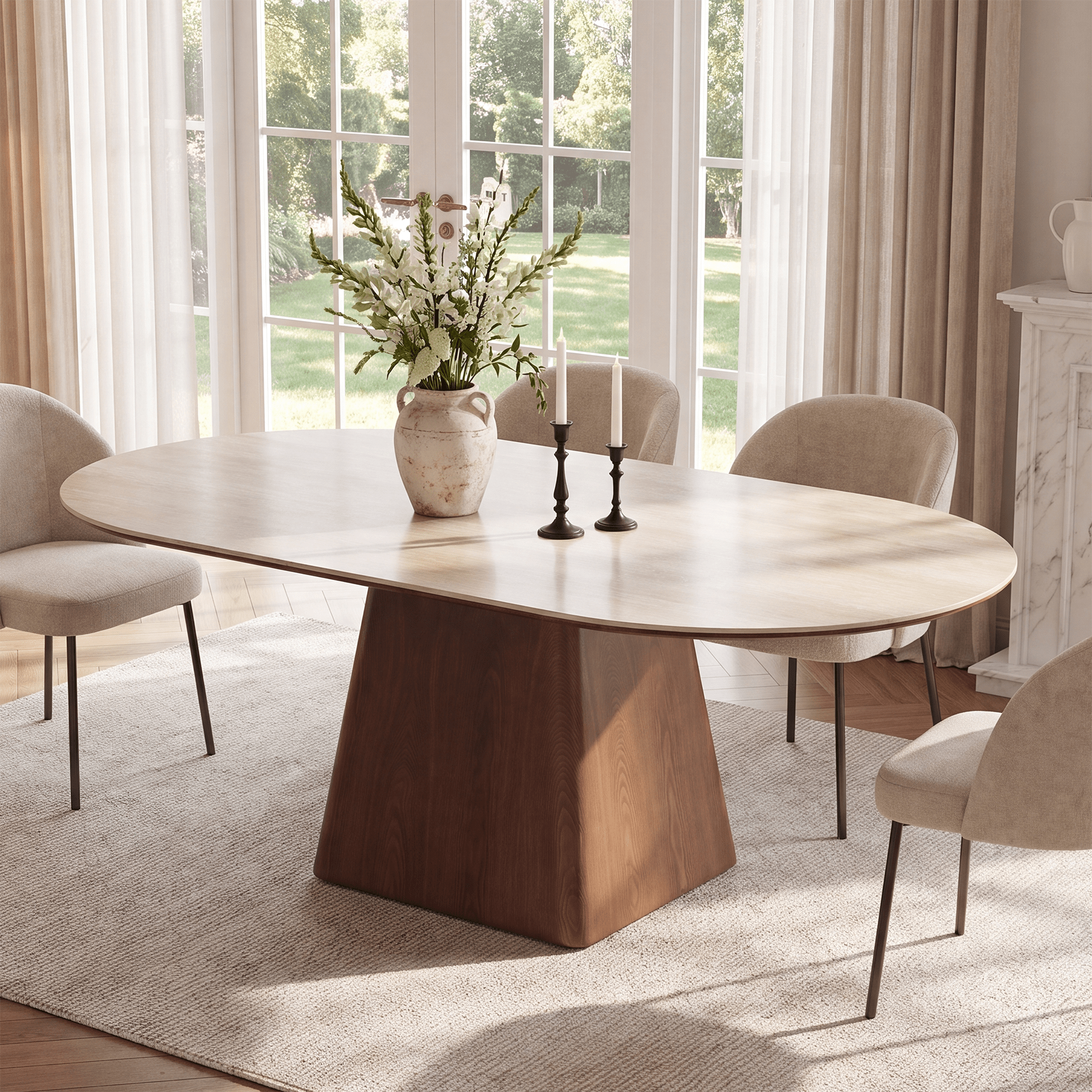 63" Oval Sintered Stone Dining Table with Solid Wood Pedestal Base for 4-6