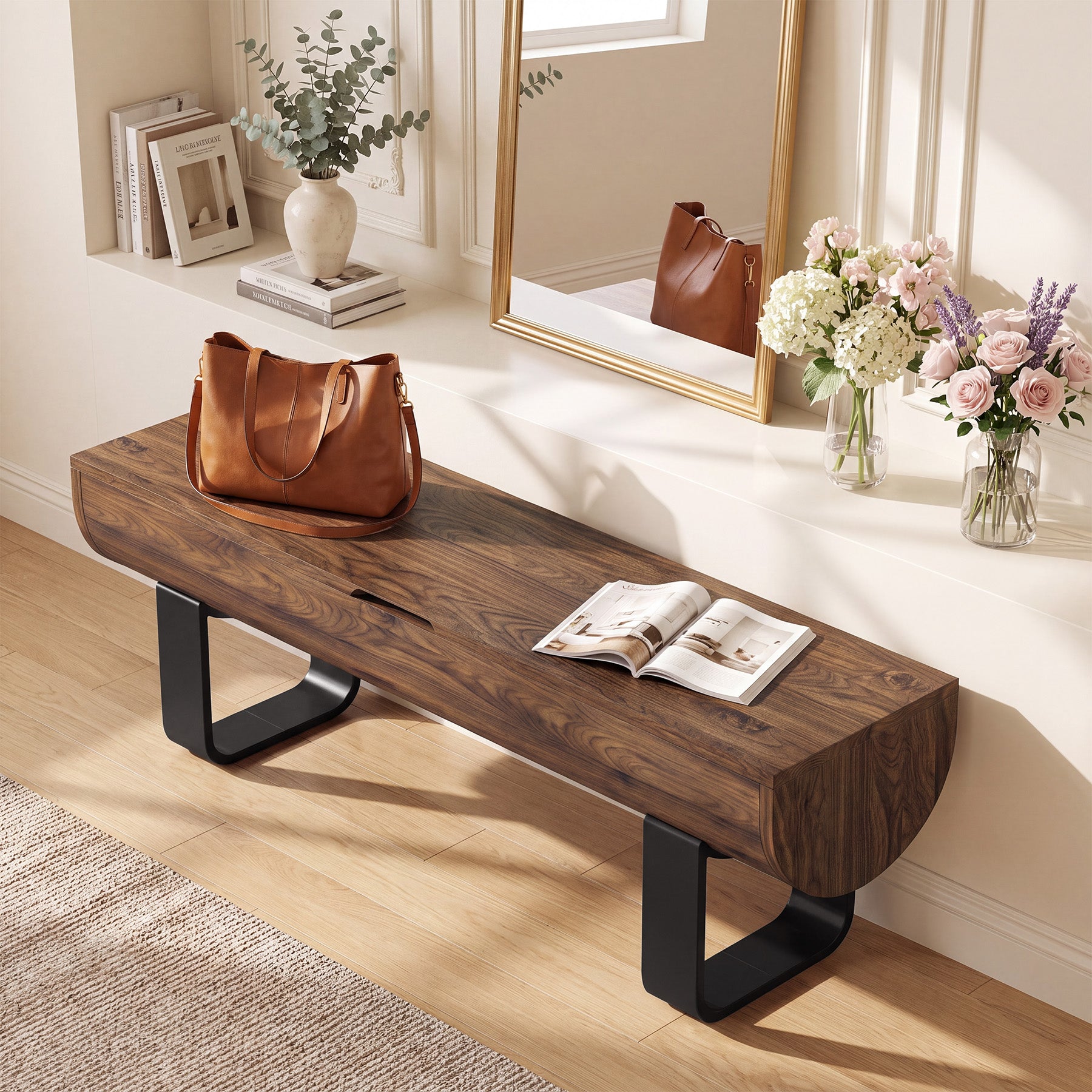 55.1" Storage Bench, Farmhouse Lift Top Entryway Shoe Bench with Metal Legs