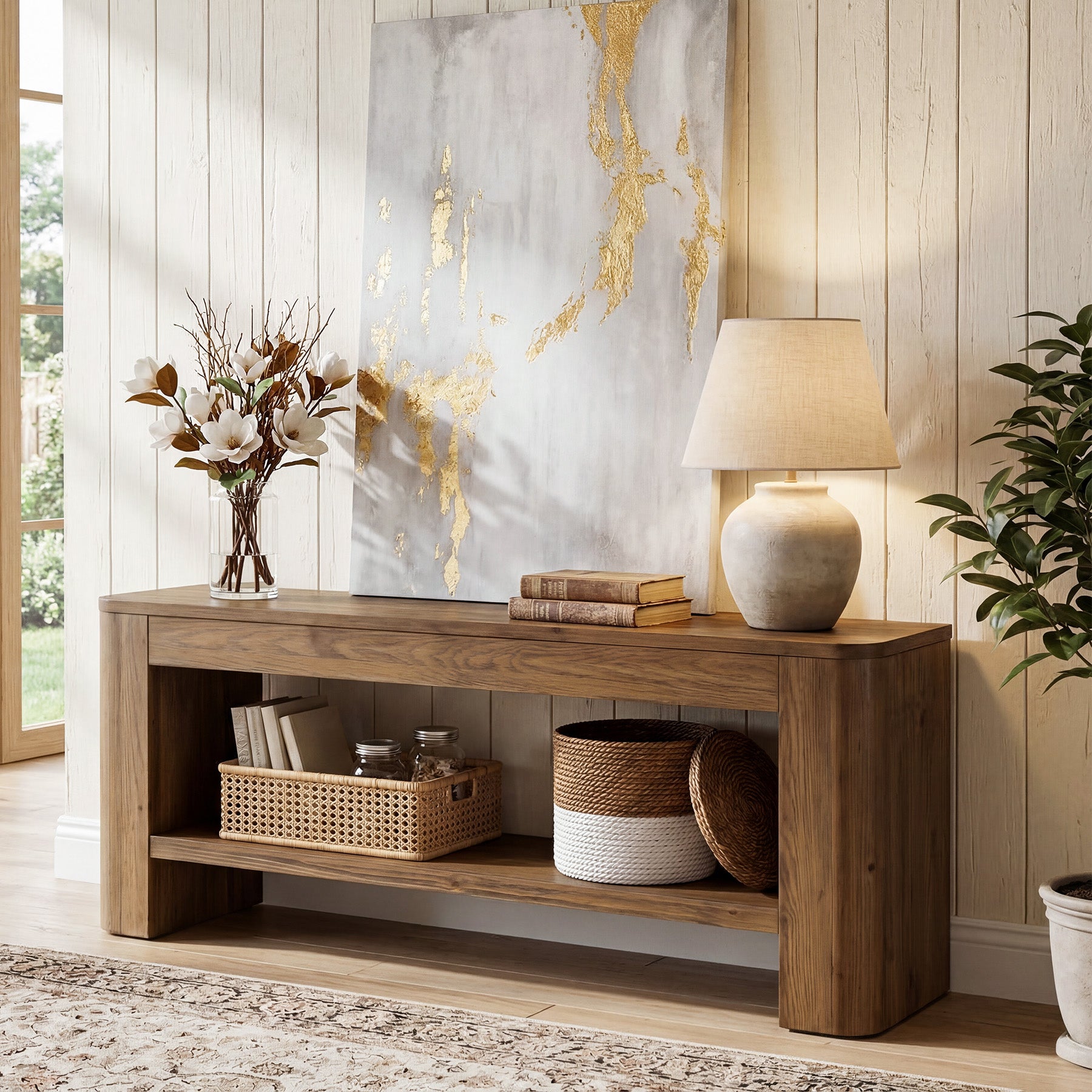 59“ Solid Wood TV Stand for 55–65 Inch TVs, Farmhouse Media Console with Open Shelves for Living Room or Bedroom