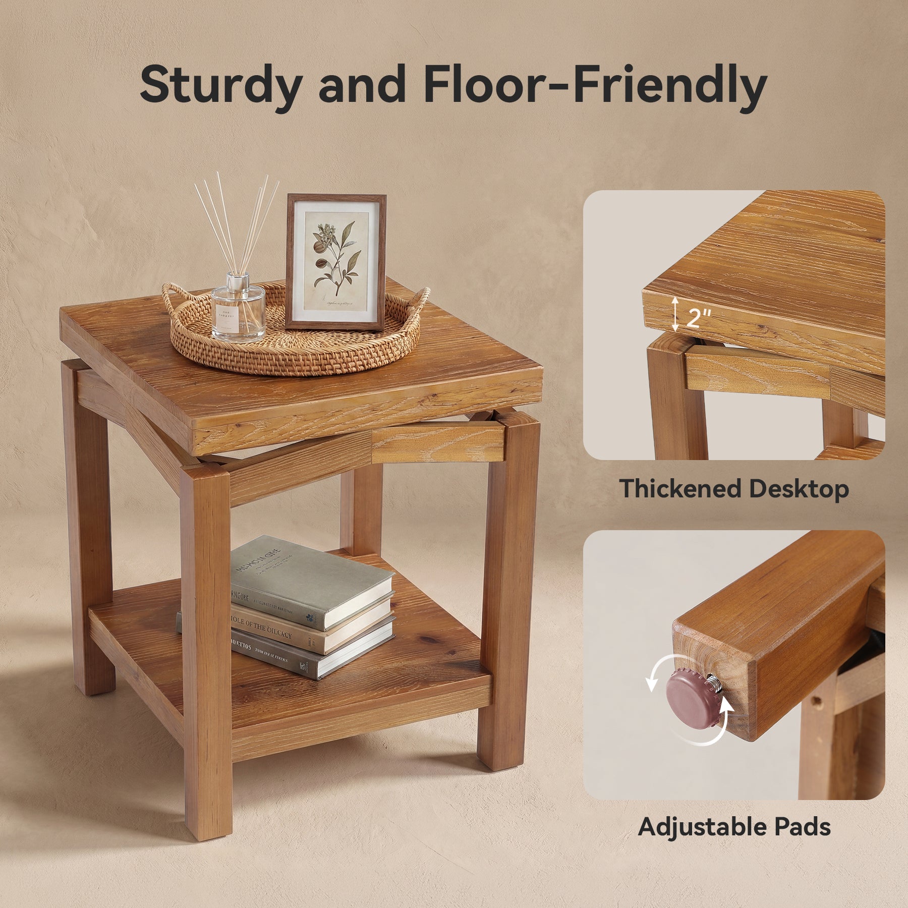 Tribesigns 19.7-Inch Solid Wood Side Table with 2-Tier Storage Shelf, Small Square End Table for Living Room Bedroom and Small Spaces