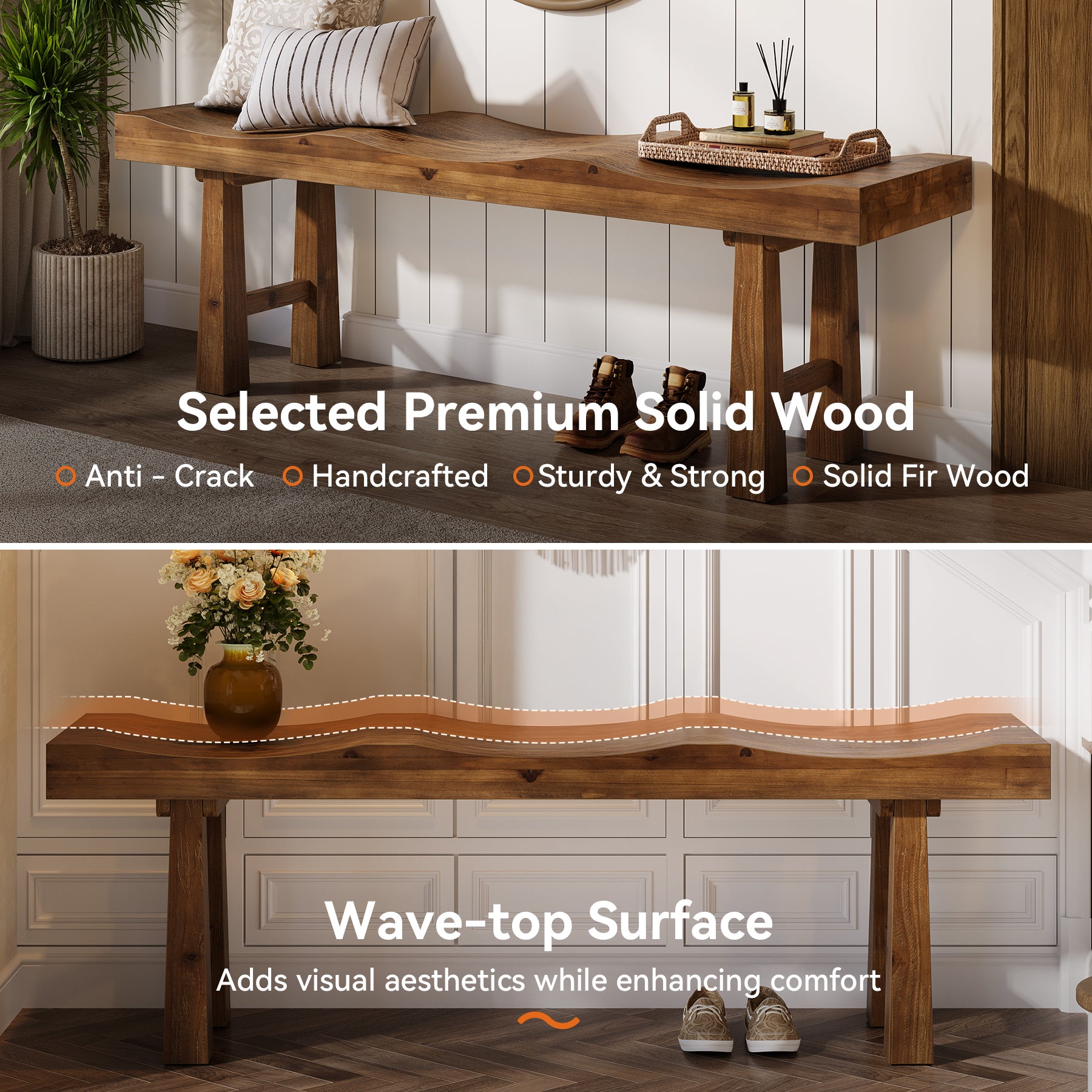 55" Entryway Bench, Solid Wood Storage Bench with Wave-Top Design for Foyer