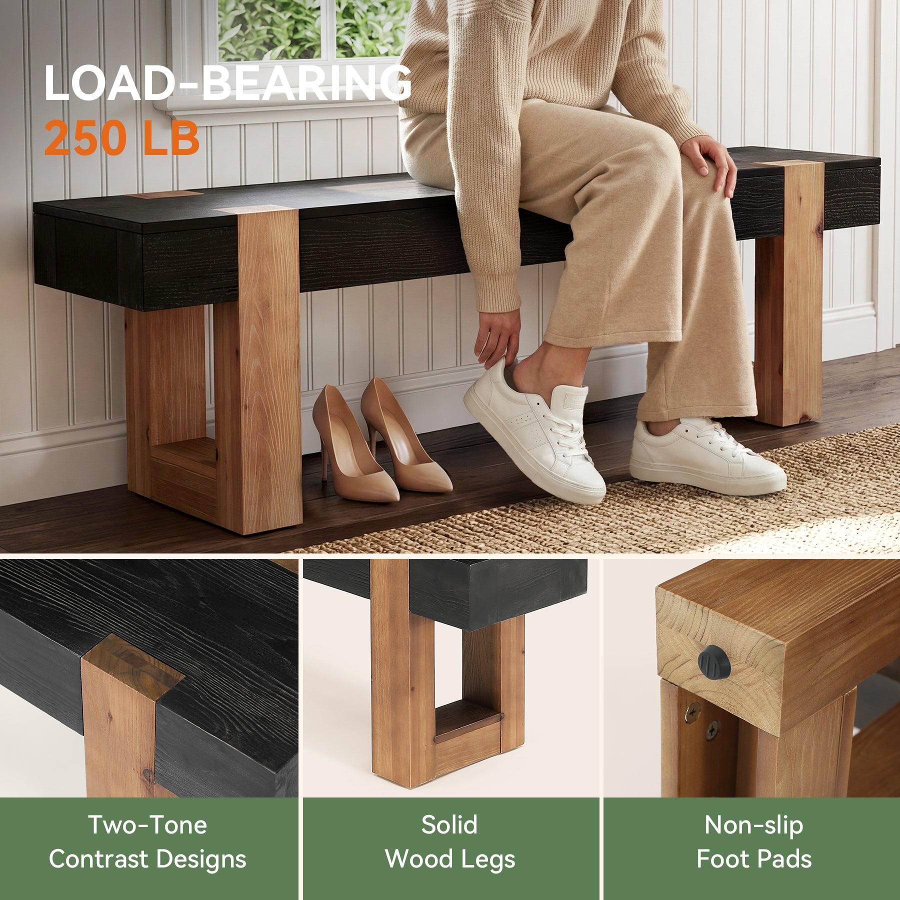 55" Solid Wood Entryway Bench, Indoor Wooden End of Bed Bench Seat