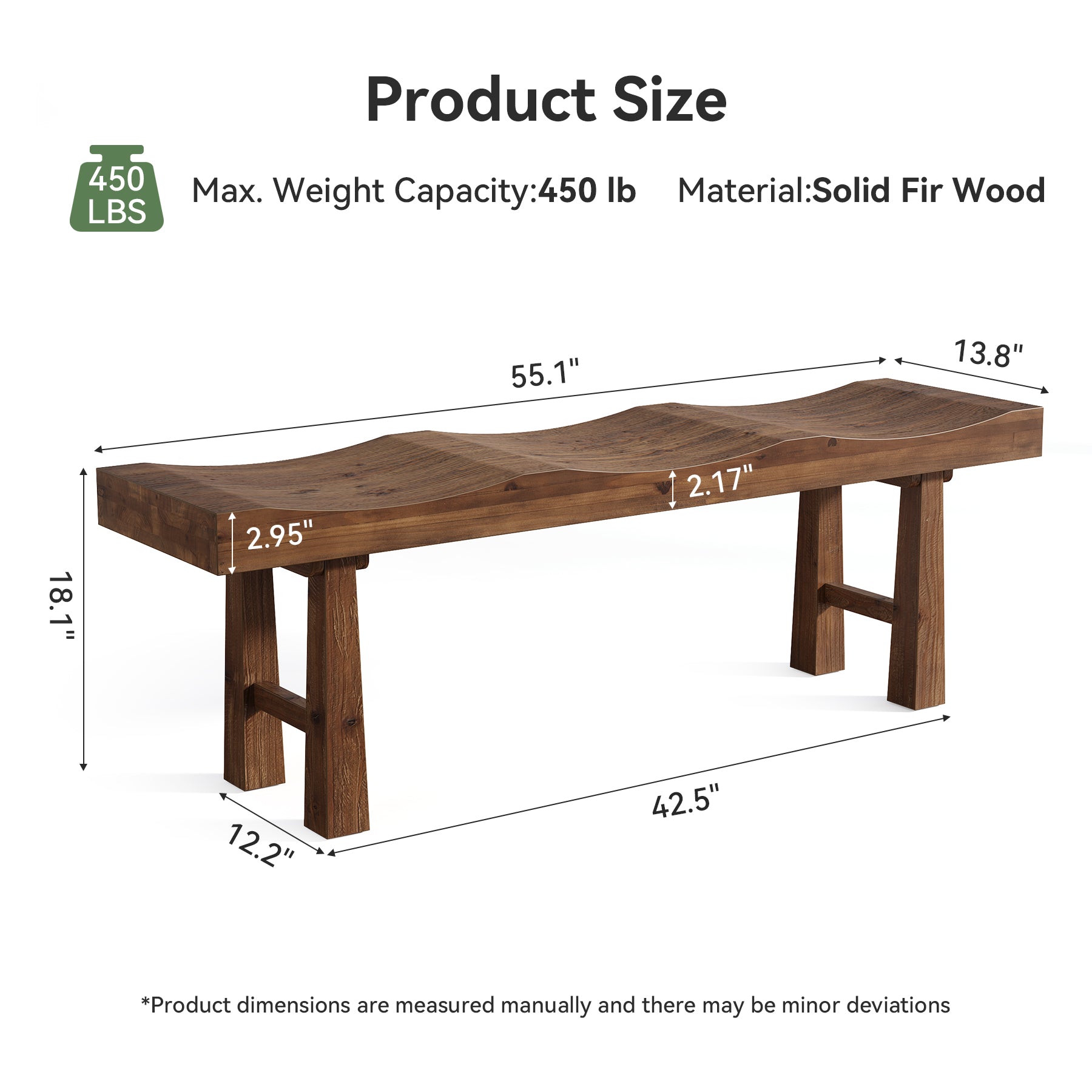 55" Entryway Bench, Solid Wood Storage Bench with Wave-Top Design for Foyer