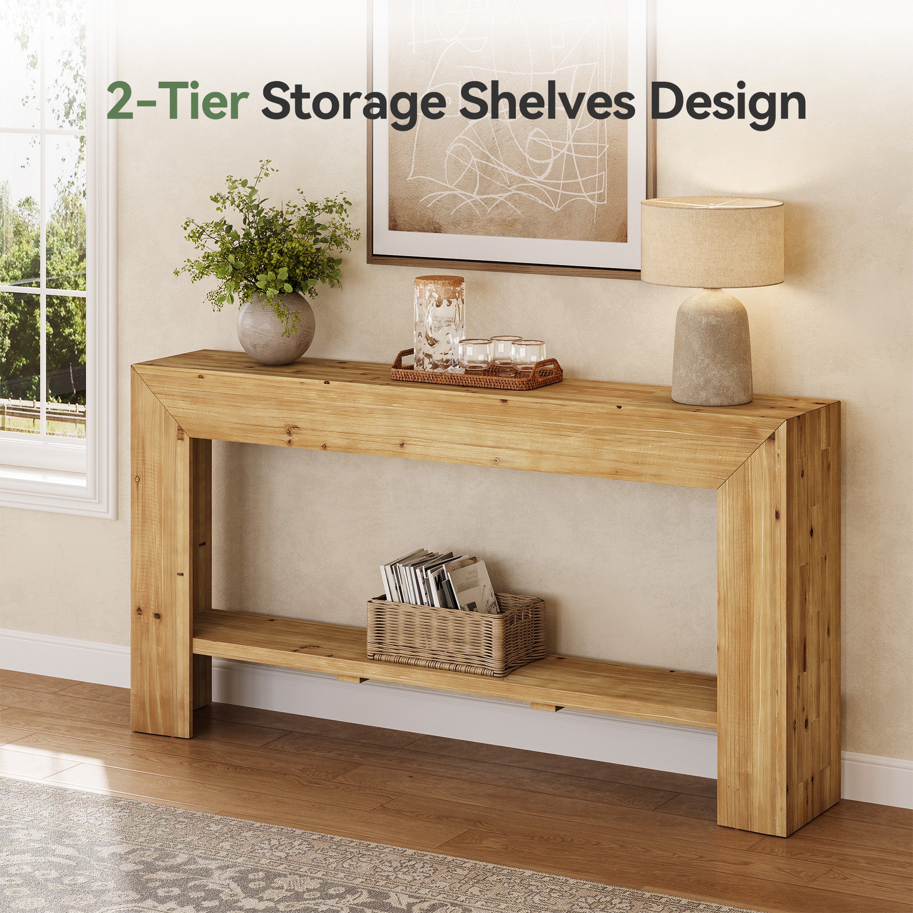 63" Solid Wood Console Table, Narrow Entryway Table with Storage