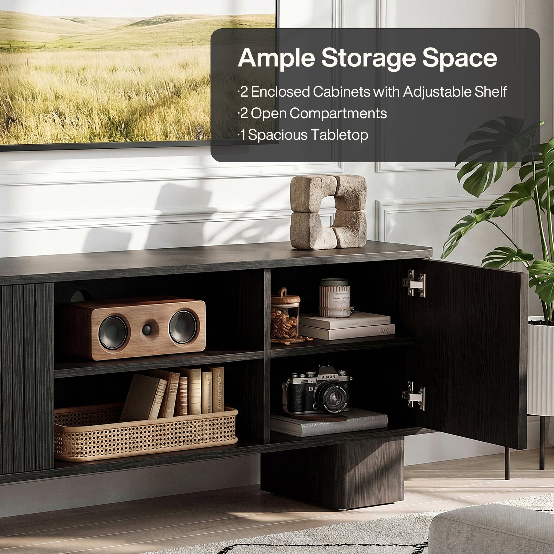 63" TV Stand for TVs Up To 70", Entertainment Center With Fluted Door & Hidden Storage