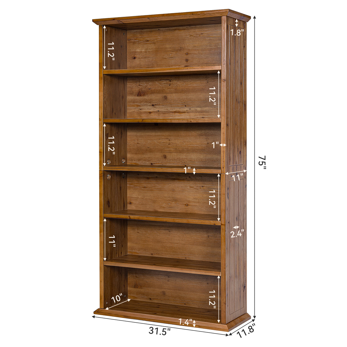 75" Solid Wood Bookshelf, 7-Tier Open Bookcase Display Shelf for Home Office